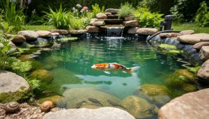 “Backyard pond with aquatic plants and algae on rocks, small snails and tadpoles near the edge, and a healthy fish in sunlit clear water.”