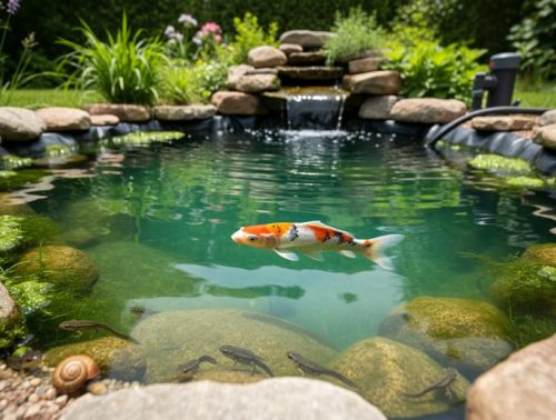 “Backyard pond with aquatic plants and algae on rocks, small snails and tadpoles near the edge, and a healthy fish in sunlit clear water.”