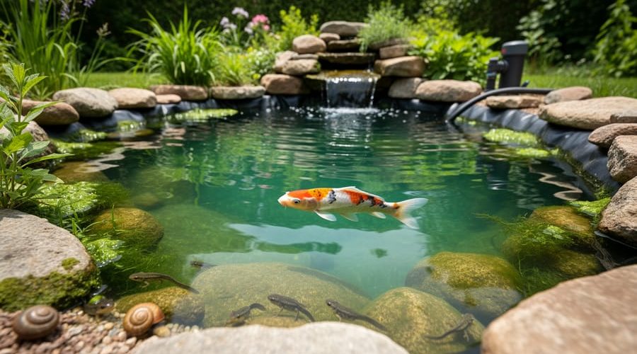 “Backyard pond with aquatic plants and algae on rocks, small snails and tadpoles near the edge, and a healthy fish in sunlit clear water.”