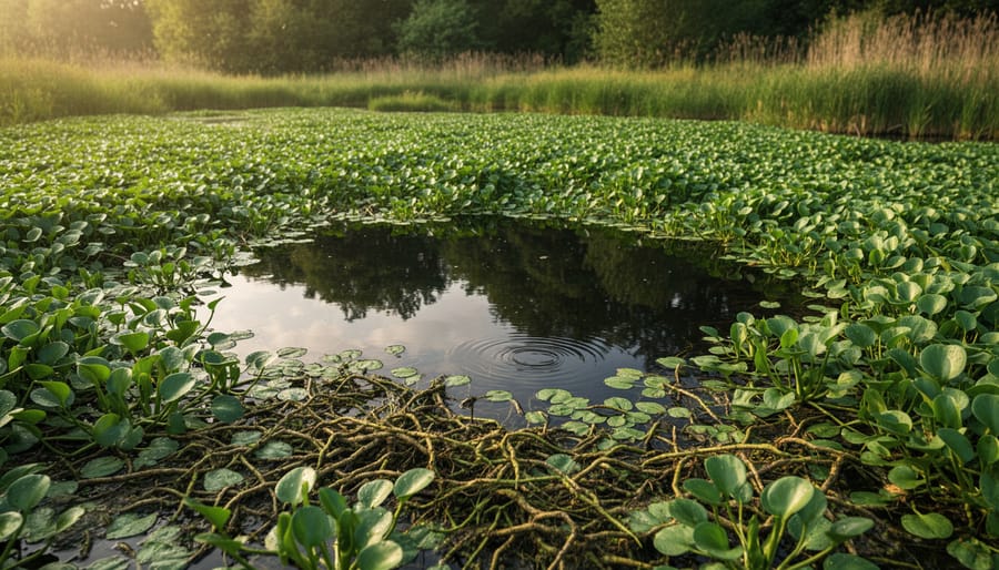 Aquatic plants densely covering the surface of a pond with submerged rocks in the background