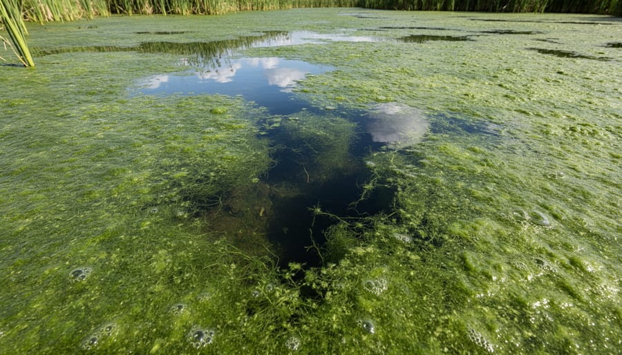 Backyard pond with dense green algae covering much of the water surface.