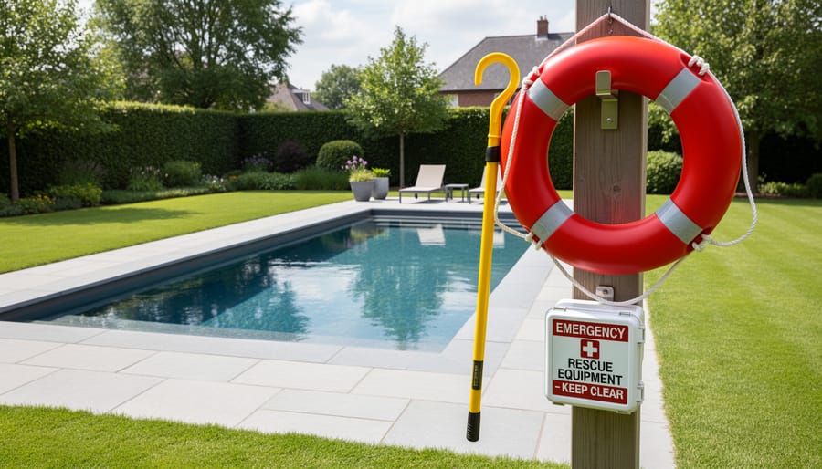 Rescue pole and ring buoy placed near the edge of a natural swimming pond
