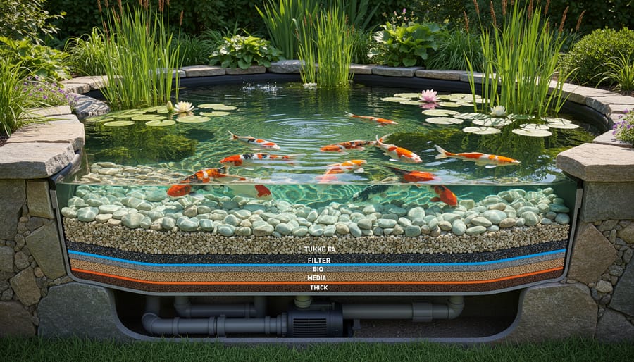 Wide view of a backyard water garden with clear water and visible filtration features like aeration and a small waterfall.