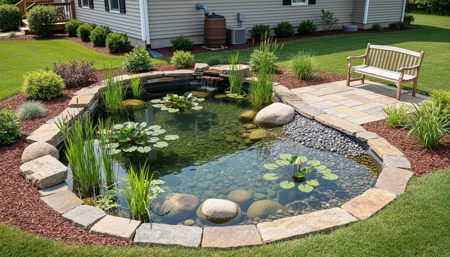 Landscaped backyard water garden with a small pond, ornamental plants, and clear water