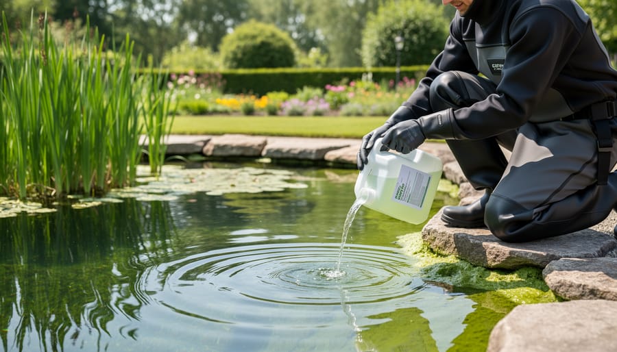 Close-up of someone preparing a pond amendment with granular barley straw extract near a pond.