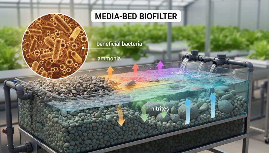Close view of pond biofilter media bed with lava rock and ceramic rings inside a filter housing with flowing water.
