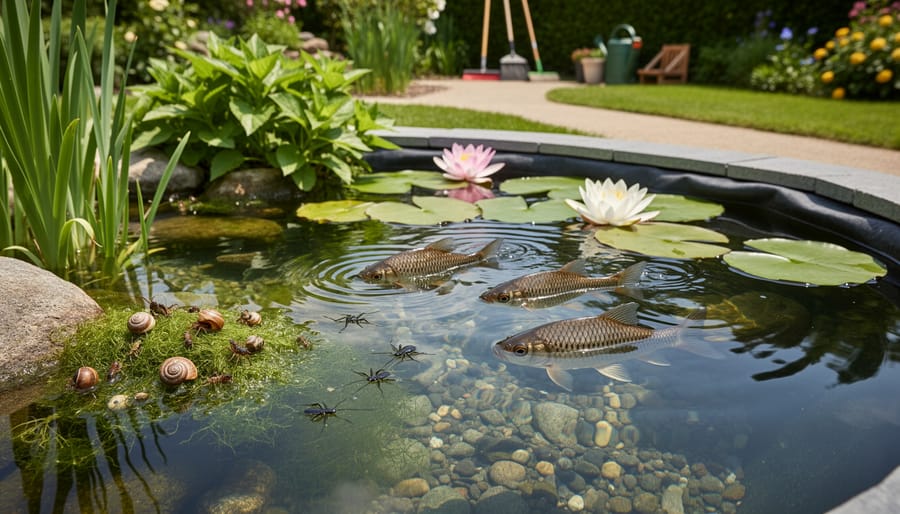 Clear backyard pond with floating plants and submerged leaves in natural daylight