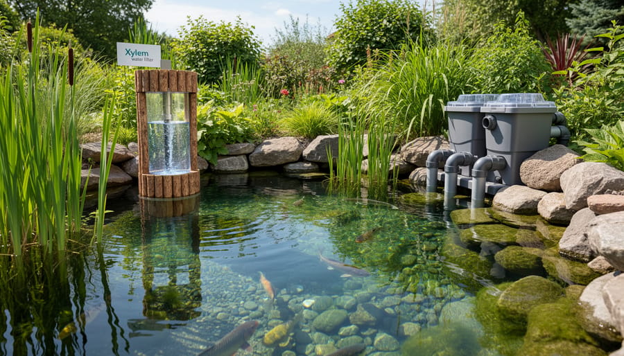 Backyard pond with clear water, aquatic plants, and subtle water circulation at the edge