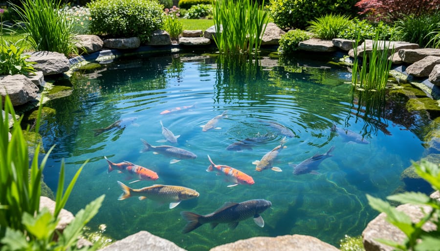 Koi fish visible beneath clearer pond water near lily pads.