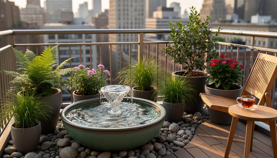 Person relaxing next to a compact balcony water garden with a small ceramic bowl pond, floating plants, and a mini pump running.