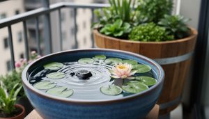 A small balcony water garden with a ceramic bowl, submersible pump, and aquatic plants creating gentle ripples.