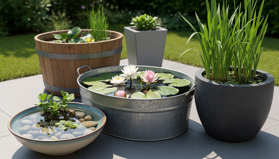 Assorted compact water garden containers including a half-barrel, ceramic bowl, and small stock-tank on a patio with stones and liners.