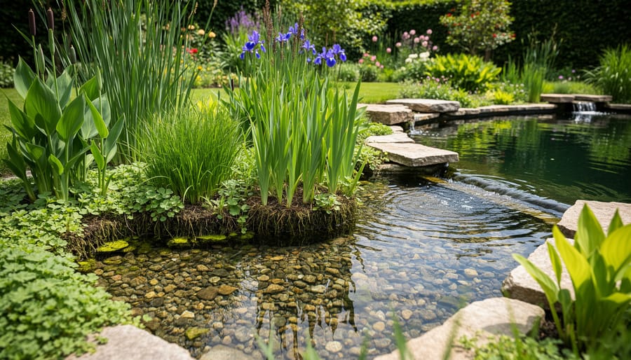 Constructed wetland bog filter with emergent plants and dark wet gravel near a water garden pond.