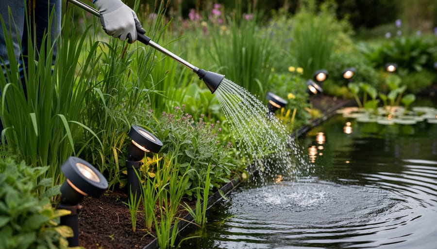 Watering can angled spout delivering a controlled stream into pond-edge plants near landscaped lighting