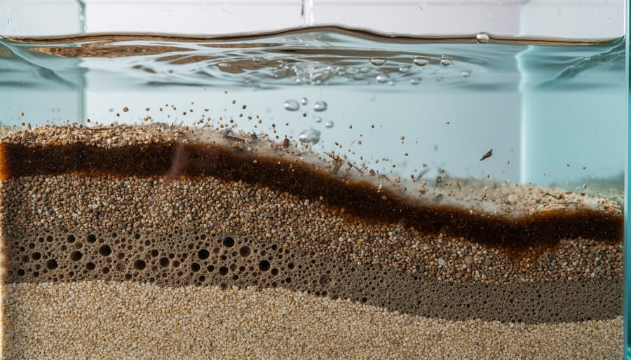 Top-down view of a DIY slow sand filter tub with fine sand and trickling water.