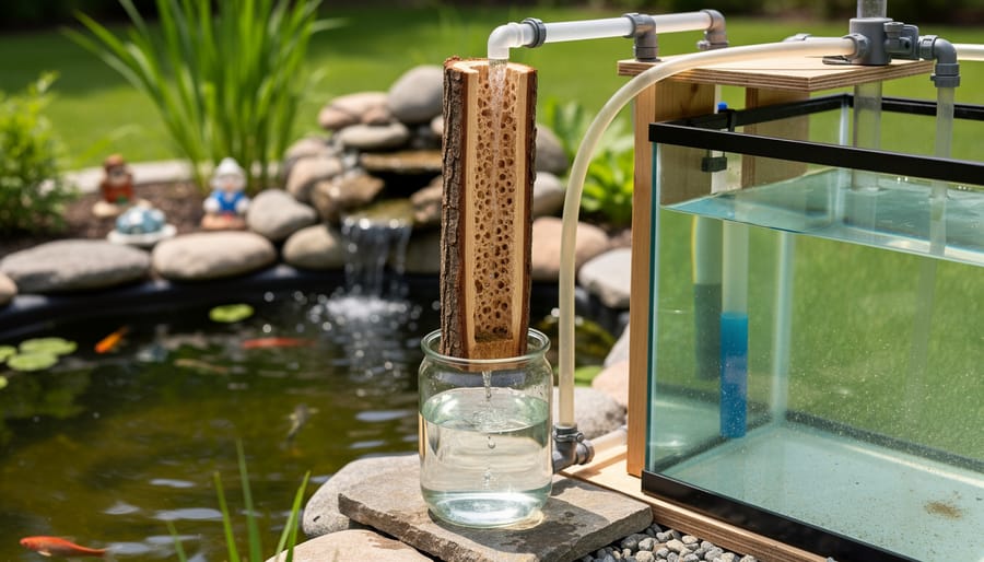 DIY water filtration setup using bundled fresh branches in a pond or aquarium