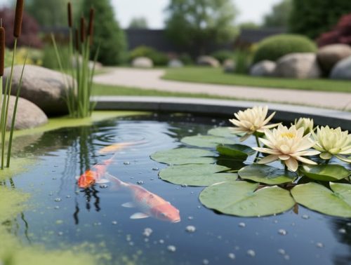 Backyard pond water garden with water lilies, cattails, and koi and goldfish swimming near the surface under soft natural light.