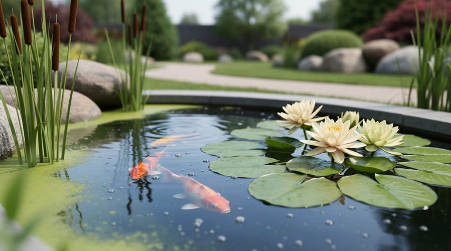 Backyard pond water garden with water lilies, cattails, and koi and goldfish swimming near the surface under soft natural light.