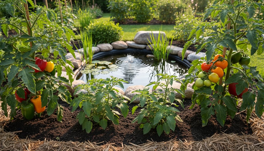 Tomatoes and peppers growing in a raised bed with drip irrigation, showing healthy fruit in warm soil near a water garden.