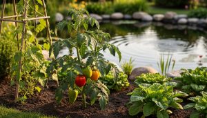 Tomato and pepper plants growing in a drought-tolerant vegetable bed beside a backyard water garden pond with reflective, blurred water in the background.