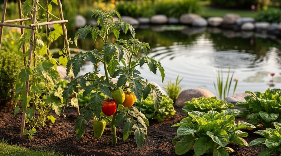 Tomato and pepper plants growing in a drought-tolerant vegetable bed beside a backyard water garden pond with reflective, blurred water in the background.