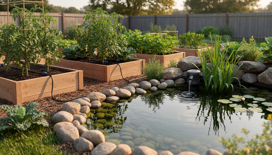 Drought-tolerant vegetable beds near a backyard water garden pond, showing the vegetables grown without direct pond-water use.