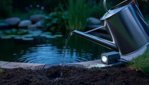 A dynamic angled watering can pours a narrow, controlled stream into wet soil beside a pond with subtle seasonal lighting and blurred low-voltage electrical components in the background.