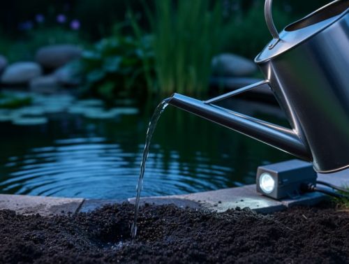 A dynamic angled watering can pours a narrow, controlled stream into wet soil beside a pond with subtle seasonal lighting and blurred low-voltage electrical components in the background.
