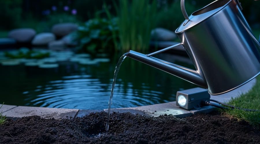 A dynamic angled watering can pours a narrow, controlled stream into wet soil beside a pond with subtle seasonal lighting and blurred low-voltage electrical components in the background.