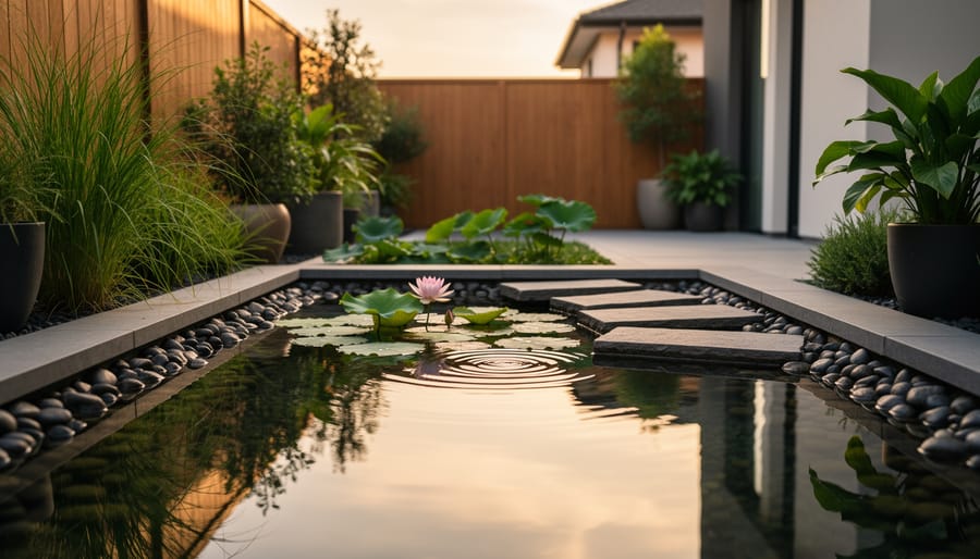 Finished compact courtyard water garden with water lilies and warm evening lighting reflecting on the water surface.