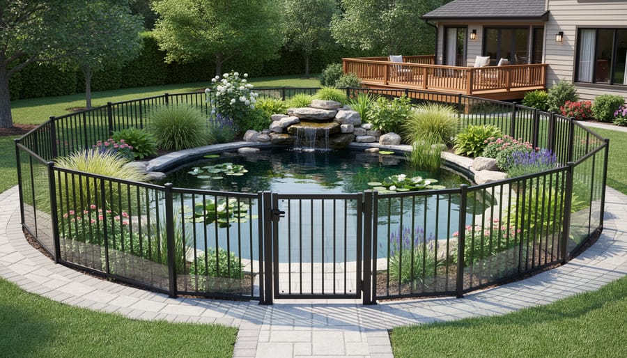 Residential backyard water pond enclosed by a protective barrier and gate.
