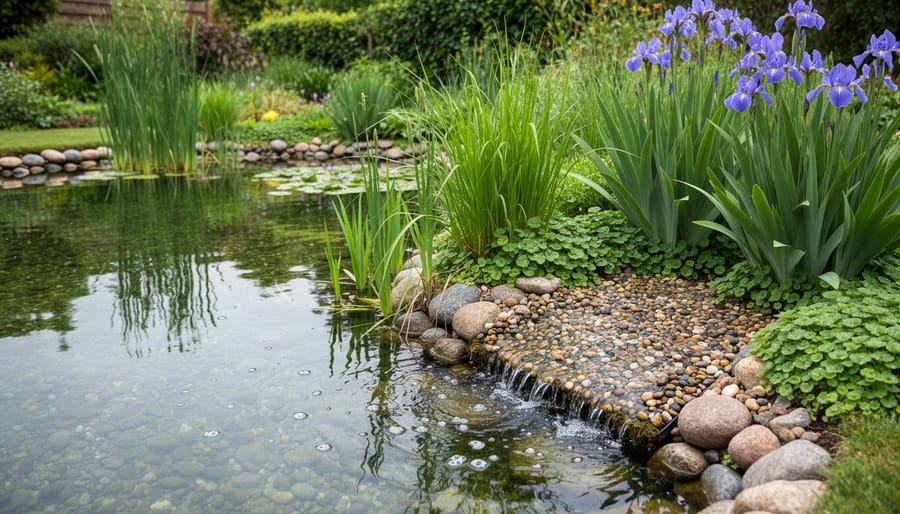 Completed wetland bog filter beside a pond with gravel bed and thriving wetland plants
