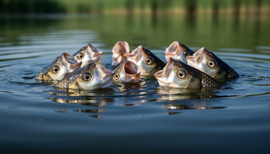 Fish congregating at the pond surface with ripples indicating possible low oxygen