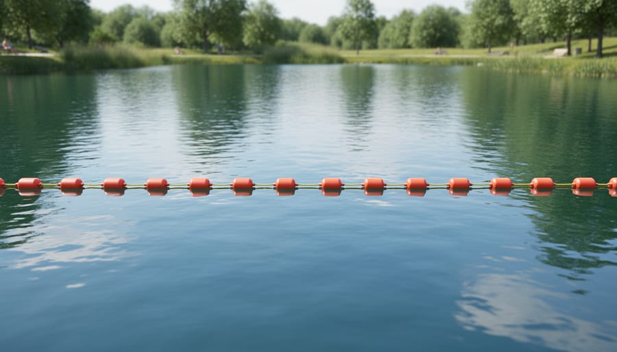Brightly colored floating tow rope on a pond water surface near the dock