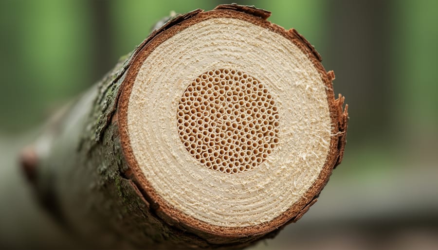 Close-up macro of a branch sapwood cross-section showing fine wood texture