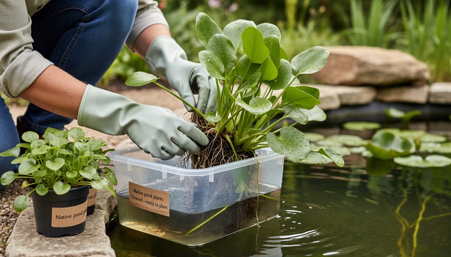 Gloved hands holding a water garden plant pot near a pond