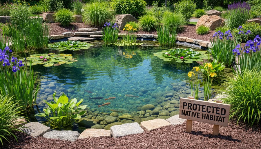 Clear backyard pond with water lilies and gentle ripples in a well-maintained garden