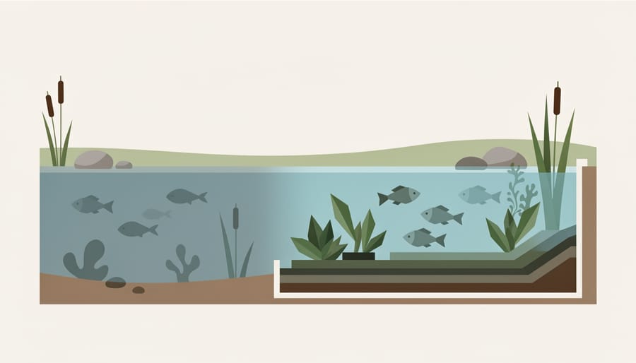 Calm pond water near wetland plants showing gentle ripples and reflections