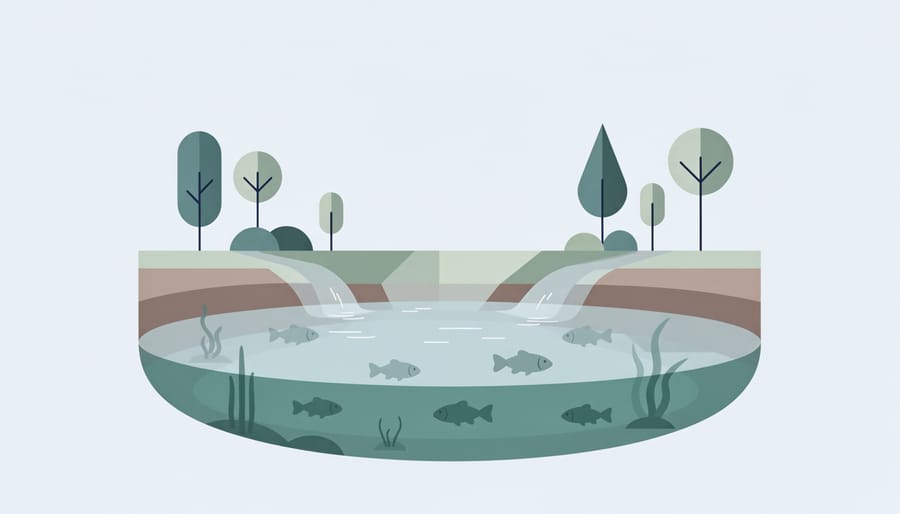Koi fish swimming in a clear residential pond with aquatic plants visible beneath the water.