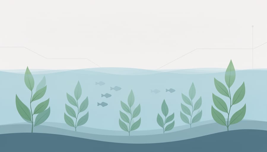 A clearer pond with visible aquatic plants beneath the water surface.