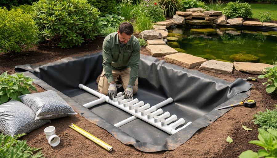 Person kneeling during outdoor installation of a pond bog filter with liner and piping
