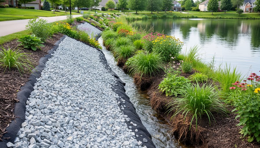 Homeowner installing gravel and filter fabric for a rain-garden infiltration area near a residential pond.