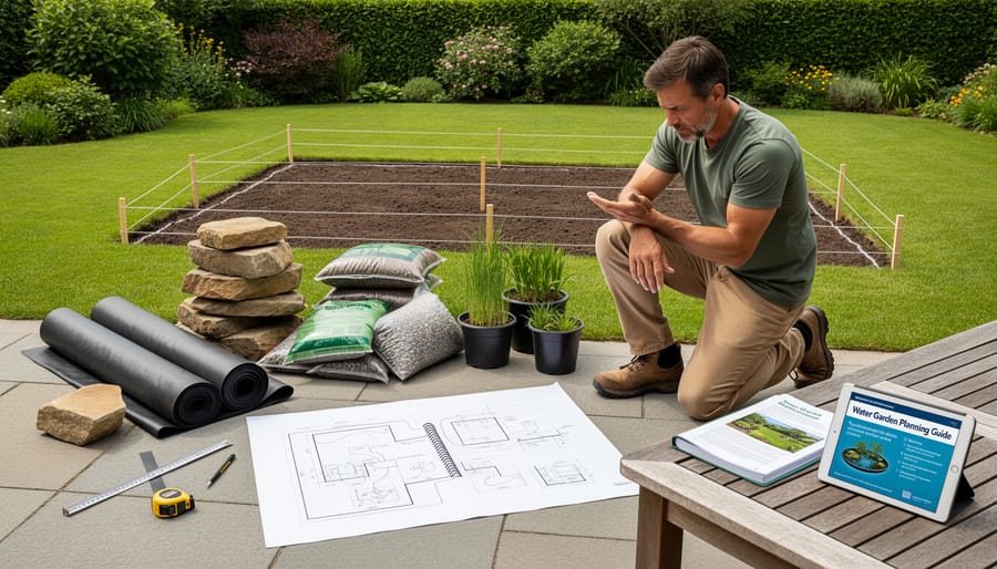 Homeowner kneeling beside a partially built backyard water garden pond with pond fittings nearby.