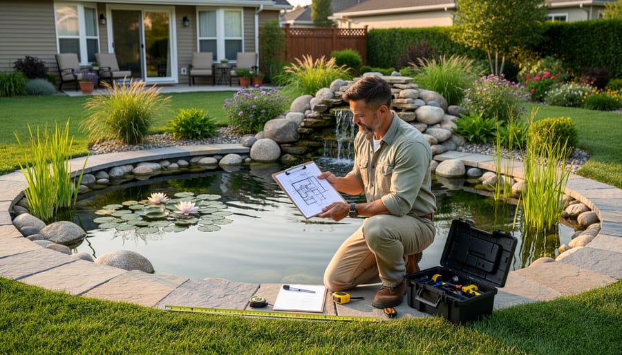 Homeowner reviewing water garden planning documents near a backyard pond