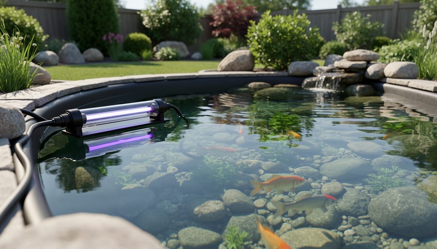 In-line UV clarifier connected to a pond pump with visible tubing and hardware.