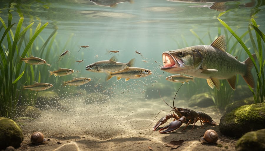 Koi fish and small minnows swimming near rocks in a backyard pond