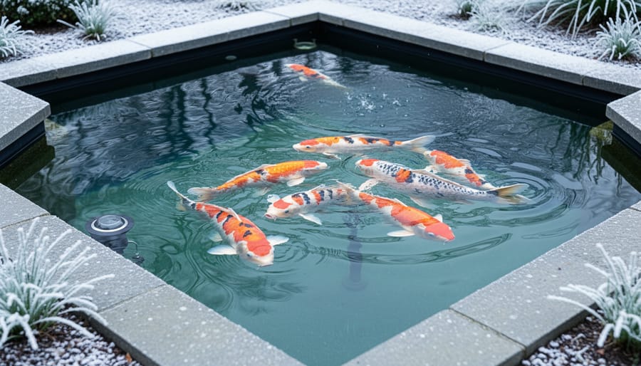 Koi fish visible under clear winter pond water near gentle circulation.