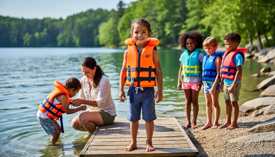 Parent and child wearing life jackets near a backyard pond entry