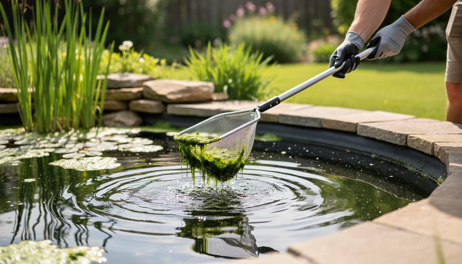 A person using a pond net and skimmer to remove algae from a backyard pond.