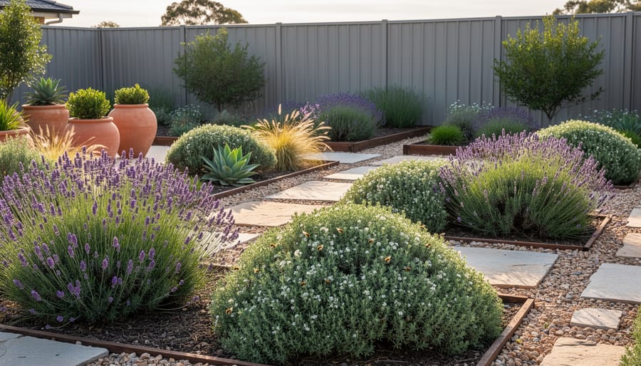 Rosemary, thyme, and sage herbs growing in a drought-tolerant garden bed beside a water feature with blurred pond reflections.